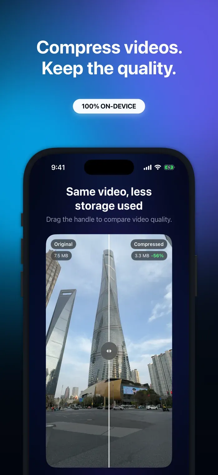 Video Compressor comparing an original iPhone video with its compressed copy