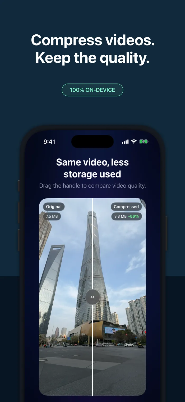 Video Compressor showing a before-and-after size comparison