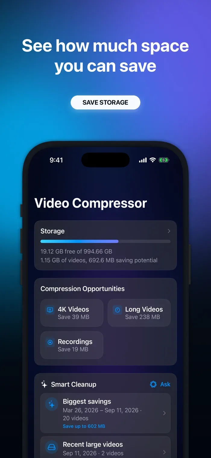 Video Compressor showing an overview of video storage and potential savings