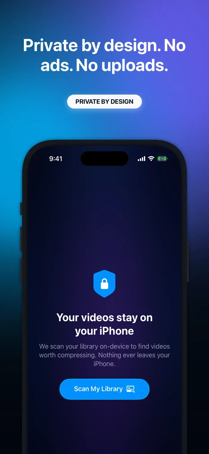 Video Compressor explaining that video processing happens on the iPhone