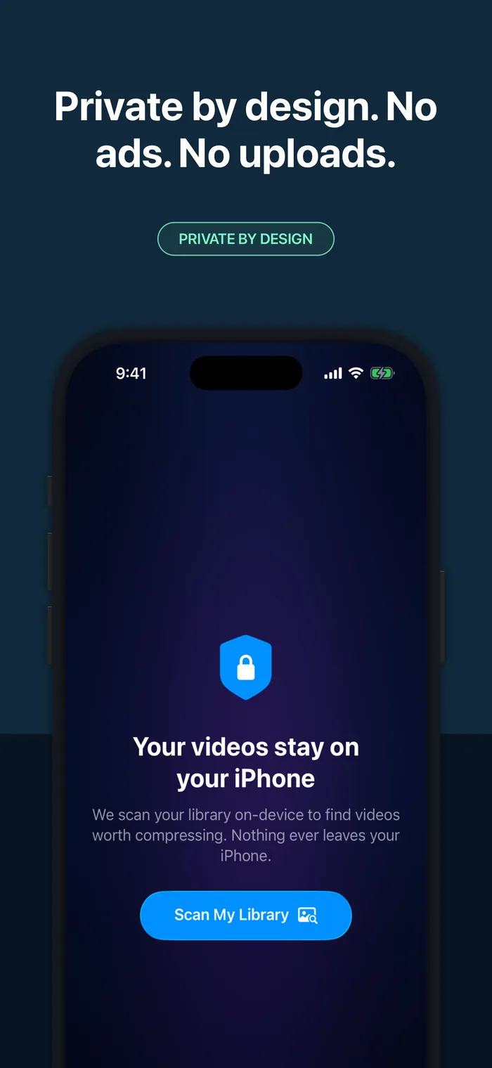 Video Compressor privacy screen explaining on-device processing