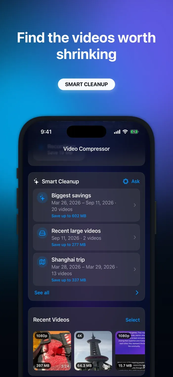Video Compressor grouping large, long, recent, and 4K videos into smart collections