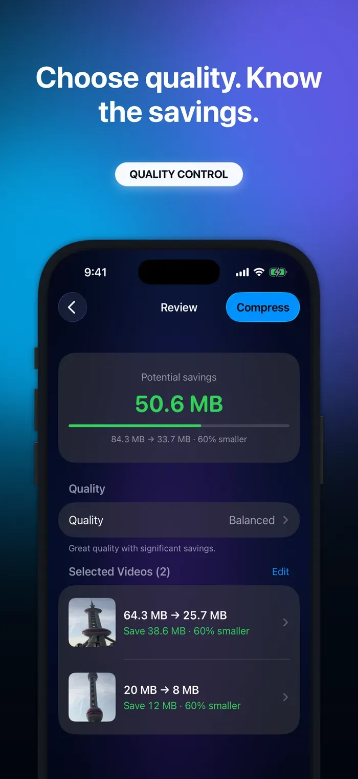 Video Compressor showing quality presets and estimated storage savings