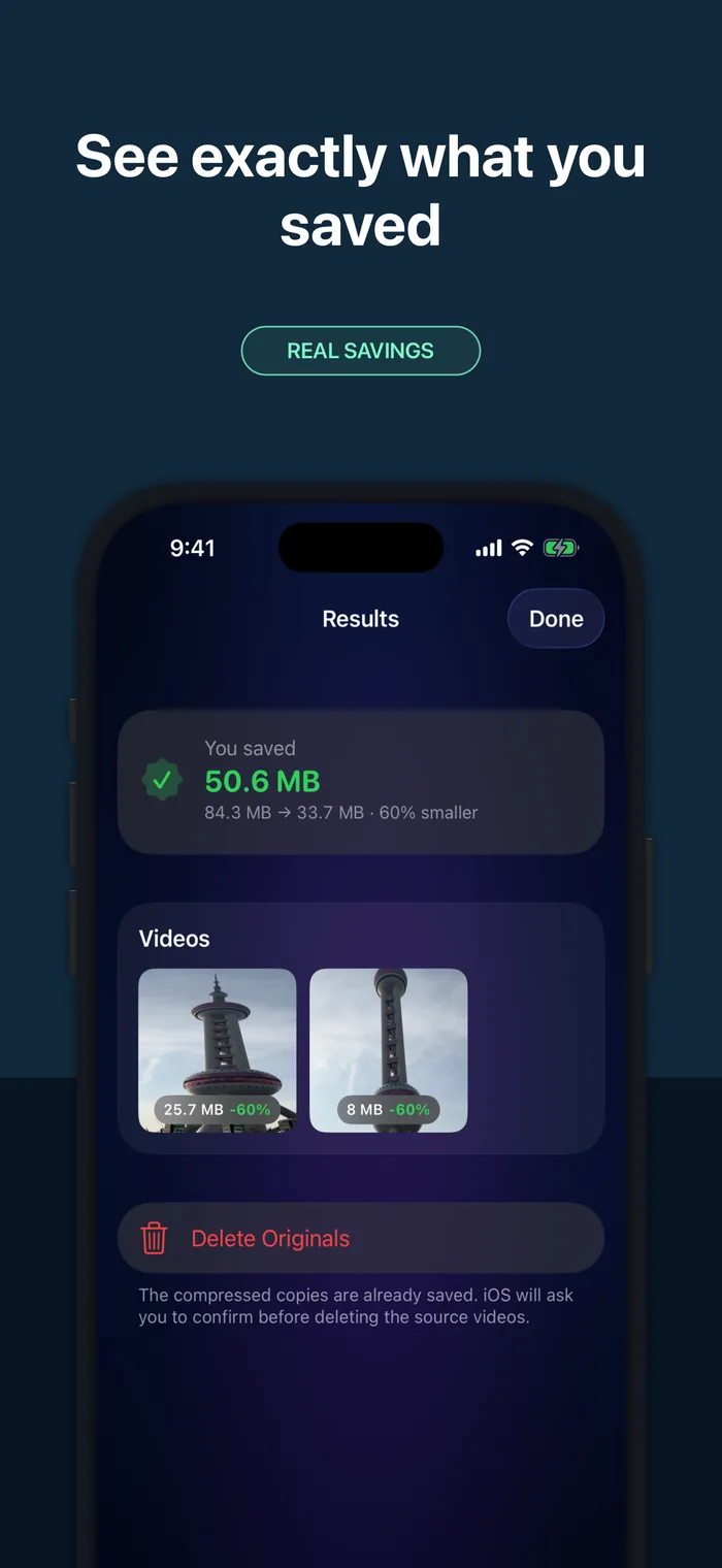 A measured original and compressed video size comparison