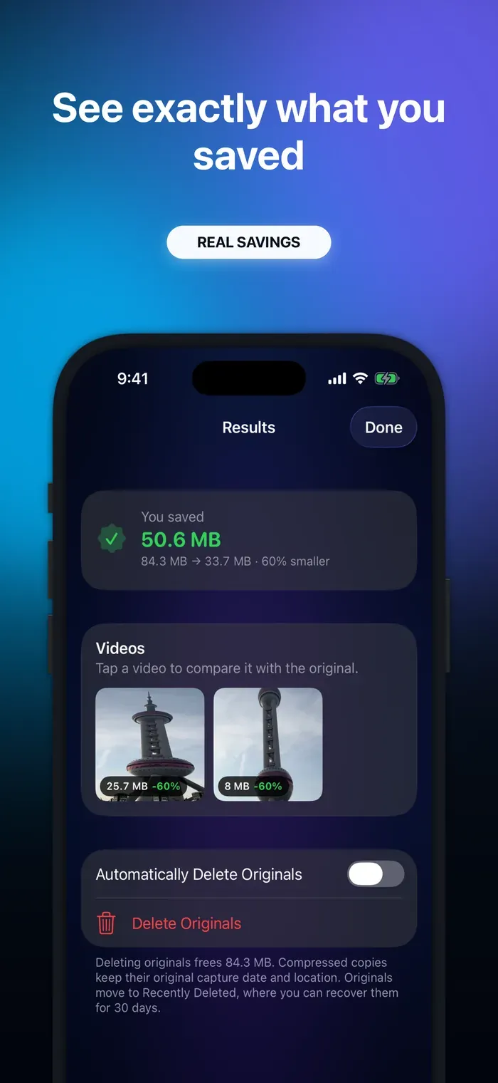 Video Compressor showing measured file sizes after two videos were compressed