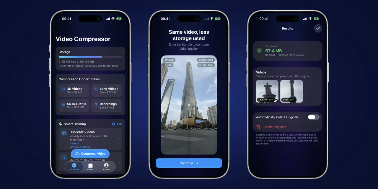 Trois iPhone côte à côte sur un fond bleu foncé, avec l’écran d’accueil de Video Compressor, le curseur de comparaison avec une vidéo originale et une vidéo compressée, et l’écran de résultats.
